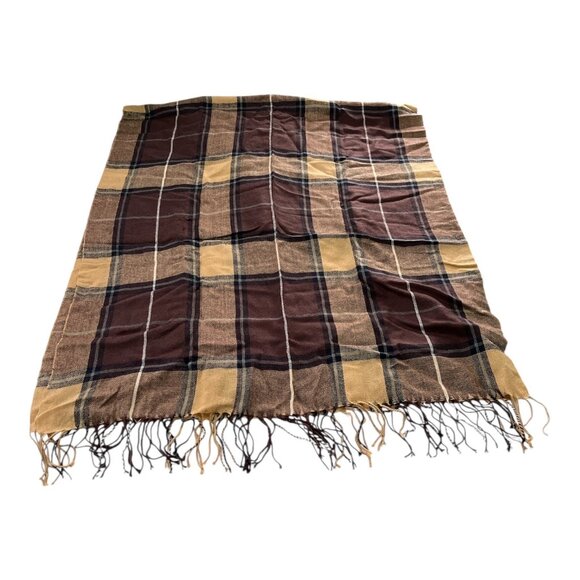 Vintage Cashmere Royal Rossi Plaid Scarf Brown Tan Black Wool Blend Fringe - Picture 2 of 6